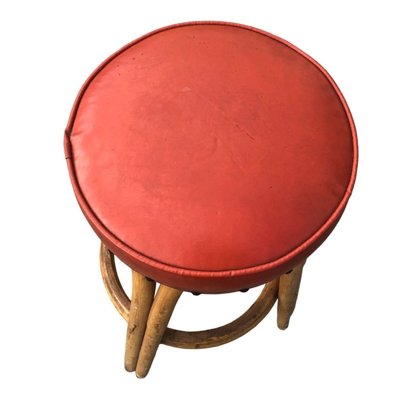 Restored arched Rattan Bar Stools w/ Studded Nailhead Red Seats, Set of 5 - 5