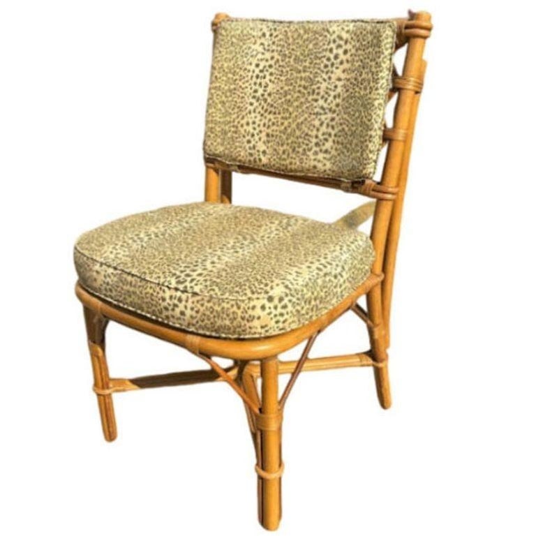 Restored Mid-century Rattan Dining Table & Chairs w/ Leopard Print Cushions - 3