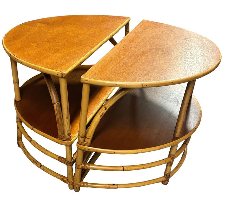 Restored Rattan & Mahogany Half Moon Side Table, Pair - 2