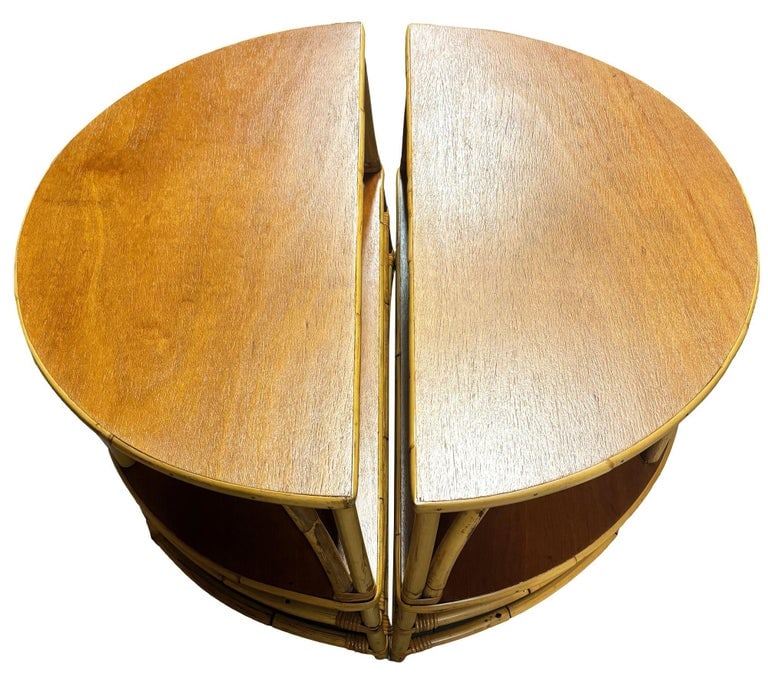 Restored Rattan & Mahogany Half Moon Side Table, Pair - 3