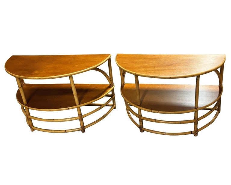 Restored Rattan & Mahogany Half Moon Side Table, Pair - 4