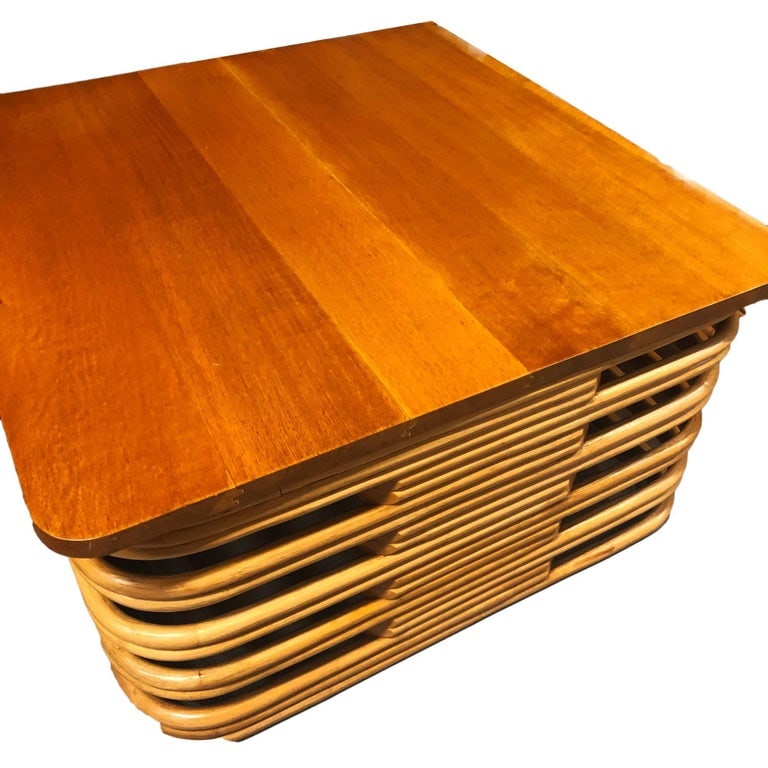 Restored Stacked Rattan Cocktail Coffee Table w/ Mahogany Top - 5