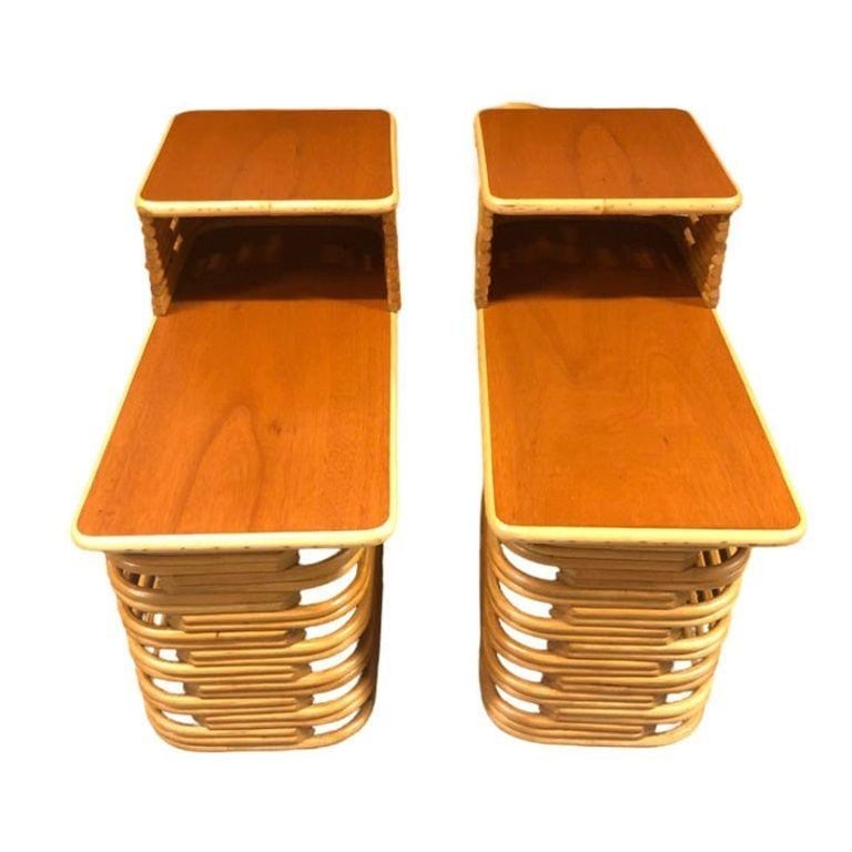 Restored Stacked Rattan & Mahogany Side/Corner Table 3 Piece Set - 4