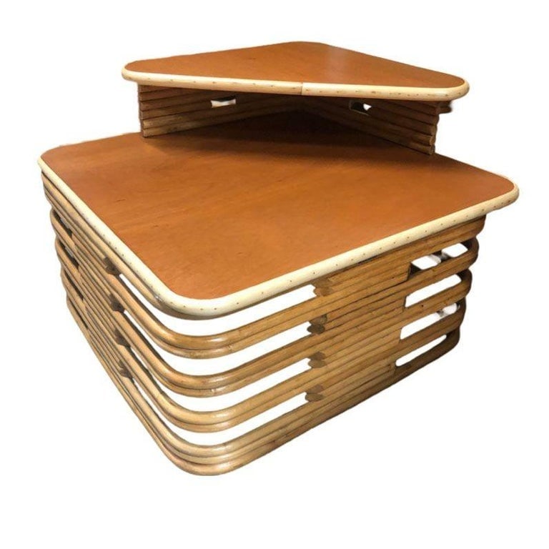 Restored Stacked Rattan & Mahogany Side/Corner Table 3 Piece Set - 6