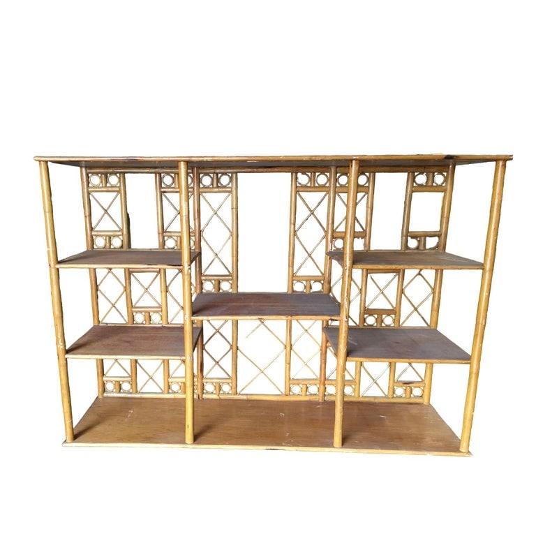 Restored Rattan Seven-Tier Tic-Tac-Toe Display Shelf Wall Etagere Unit - 3