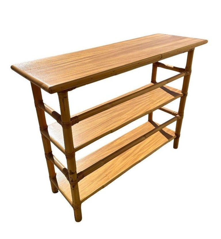 Restored Mid-Century Rattan and Mahogany Bookcase Console Table - 4