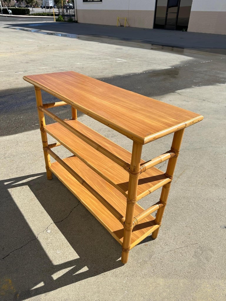 Post War Restored Mid-Century Rattan and Mahogany Bookcase Console Table - 4
