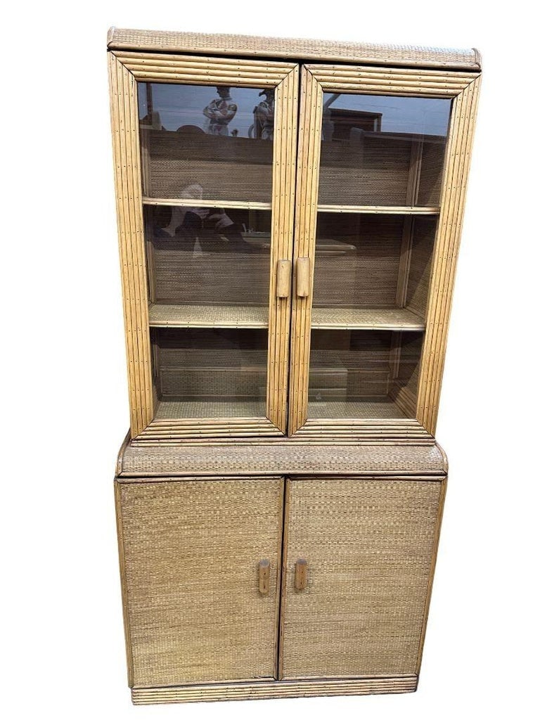 Restored Art Deco Stick Rattan & Grass Mat China Cabinet/Etagere - 2