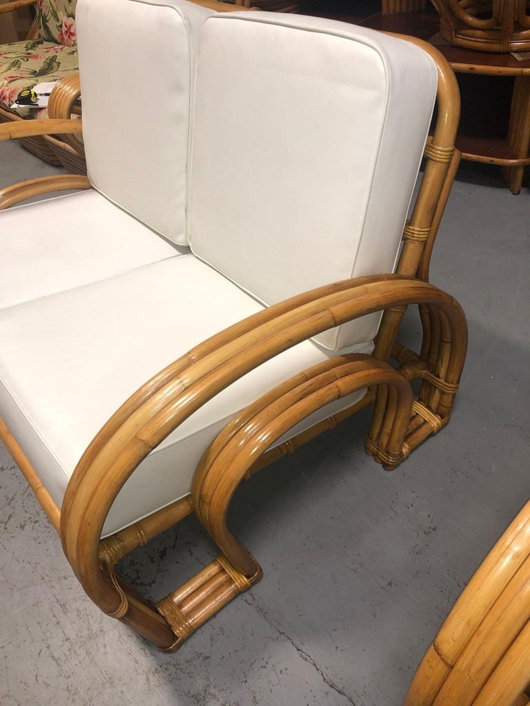 Restored Mid-century Rattan Double Horseshoe Settee Sofa, Pair - 12