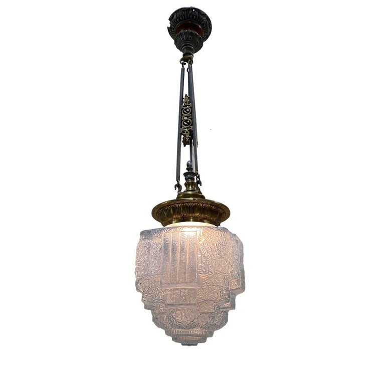 Art Deco Brass Ceiling Pendant w/ Stepped Blue Glass Deco Globe, Set of 4 - 2