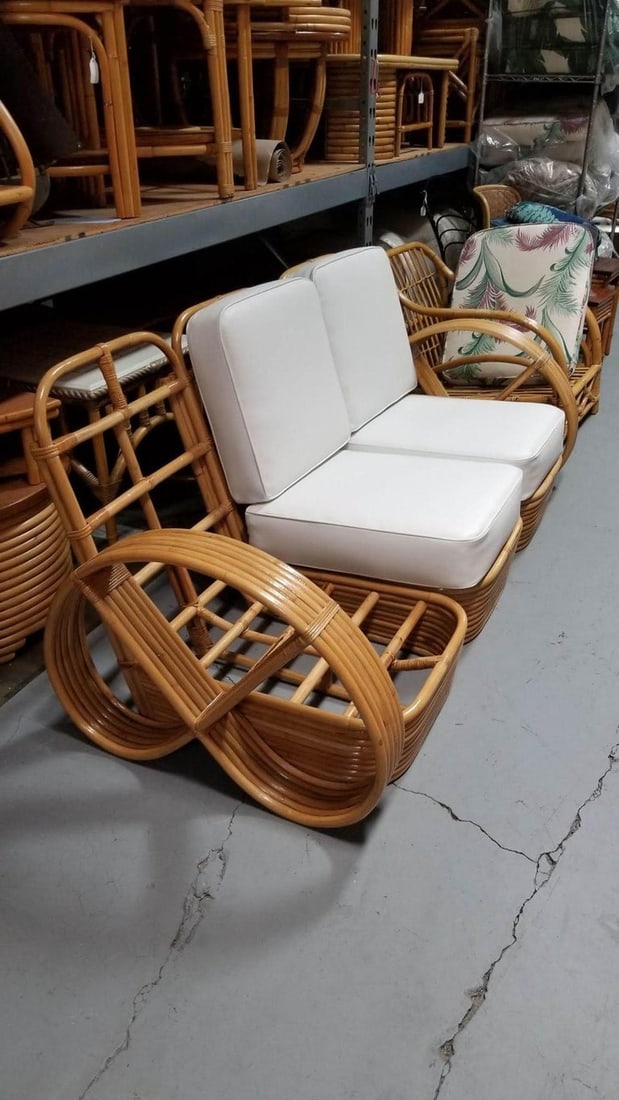 Restored MCM Six-Strand 3-Seat Full Pretzel Rattan Sectional Sofa, Stacked Base - 3