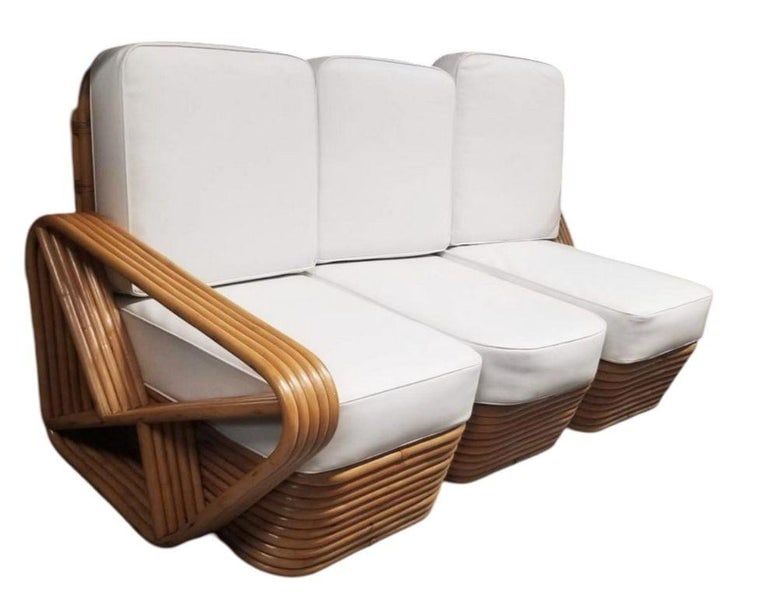 Restored MCM Rattan Five Strand Square Pretzel Sofa, Lounge Chair Livingroom Set - 2