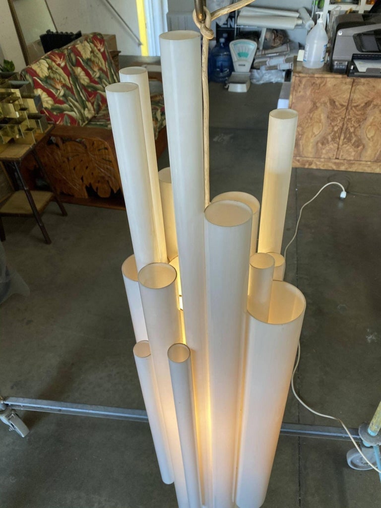 Modernist White Lucite Stacked Tube Chandelier by Rougier, Circa 1970s - 3