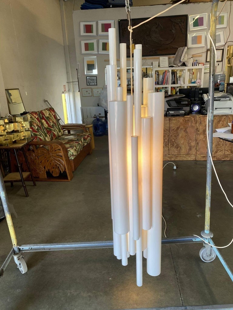 Modernist White Lucite Stacked Tube Chandelier by Rougier, Circa 1970s - 5