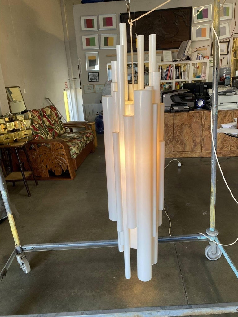 Modernist White Lucite Stacked Tube Chandelier by Rougier, Circa 1970s - 6