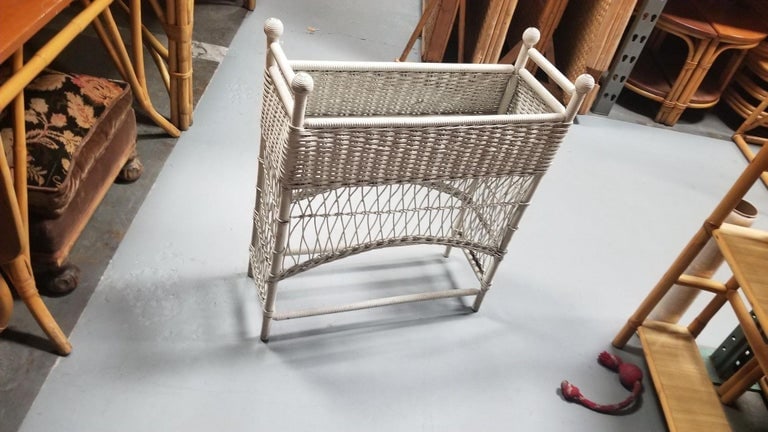Restored White Rattan Wicker Plant Stand - 5