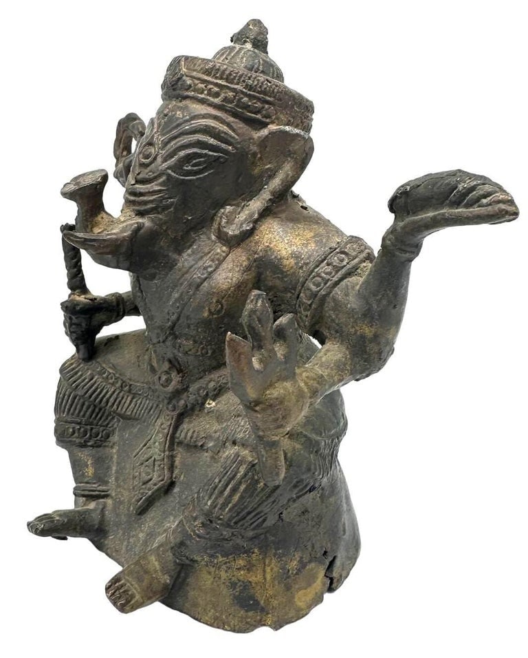 Antique Bronze Ganesha Seated Meditation Four Hands Hindu Ganapati Sculpture - 2