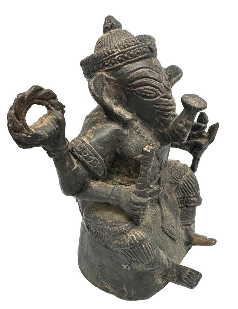 Antique Bronze Ganesha Seated Meditation Four Hands Hindu Ganapati Sculpture - 3