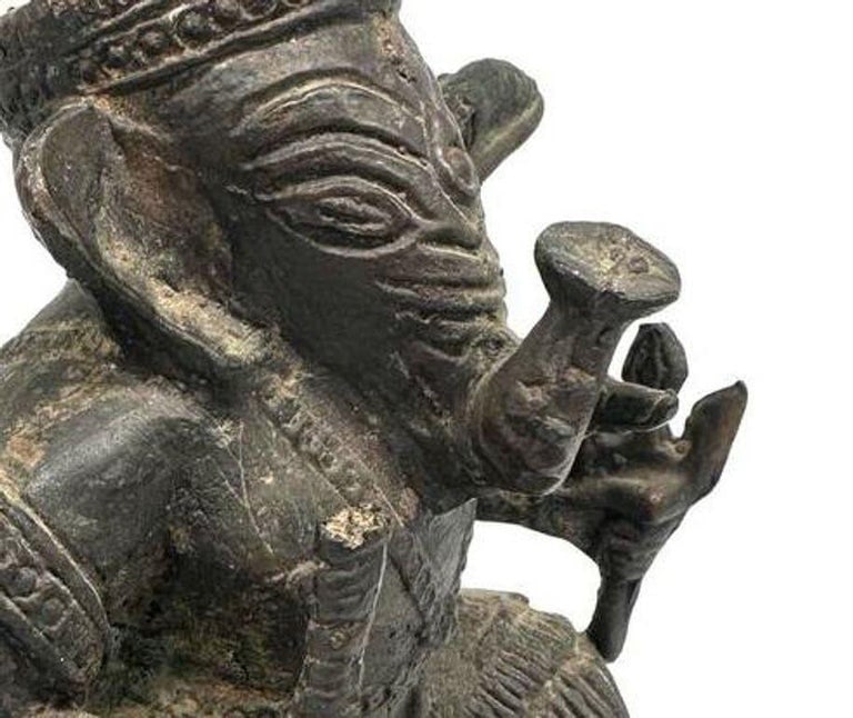 Antique Bronze Ganesha Seated Meditation Four Hands Hindu Ganapati Sculpture - 4