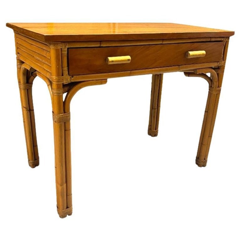 Restored Art Deco Rattan & Mahogany Secretary Writing Desk: This beautifully restored rattan and mahogany writing desk embraces the fusion of timeless beauty and functionality. Featuring a convenient drawer adorned with rattan drawer pulls and supported by fou