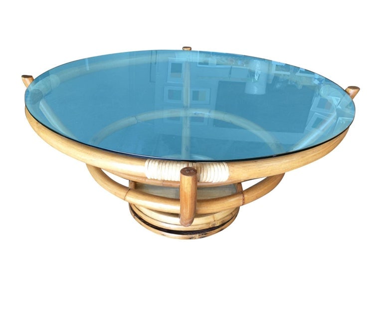 Restored Four Pole Rattan Coffee Table with Floating Glass Top - 2