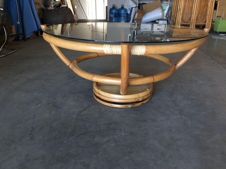 Restored Four Pole Rattan Coffee Table with Floating Glass Top - 4