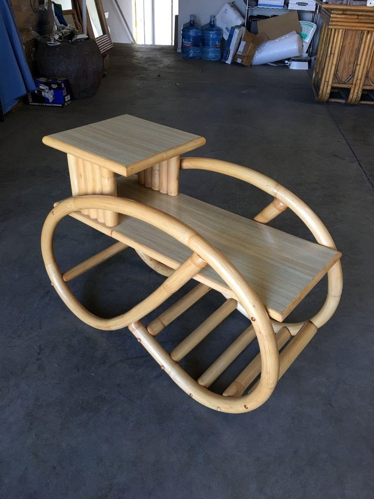 Restored 3/4 Round Pretzel Rattan Side Table with Two-Tier Formica Tops - 3