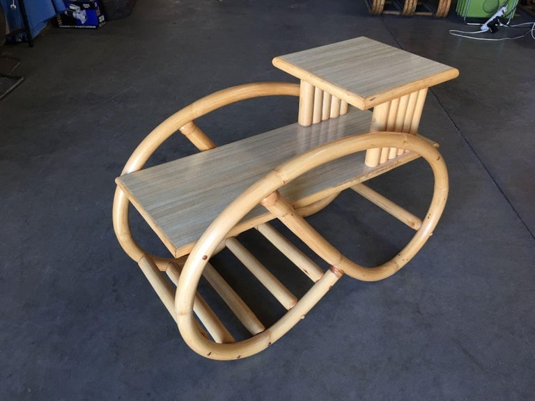 Restored 3/4 Round Pretzel Rattan Side Table with Two-Tier Formica Tops - 5