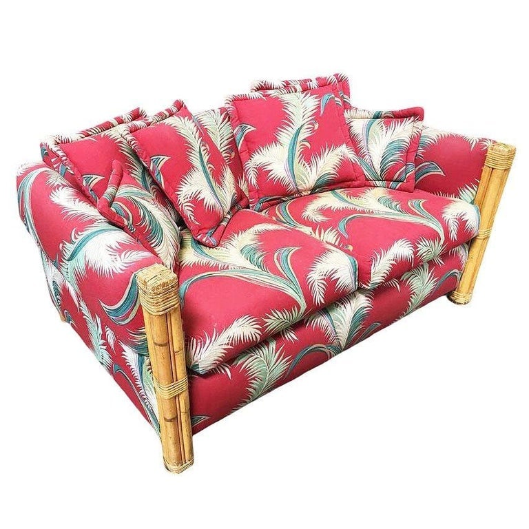 Restored "Big King" Plush Over Stuffed Rattan Settee Sofa W/ 4 Strand Arms, Pair - 2