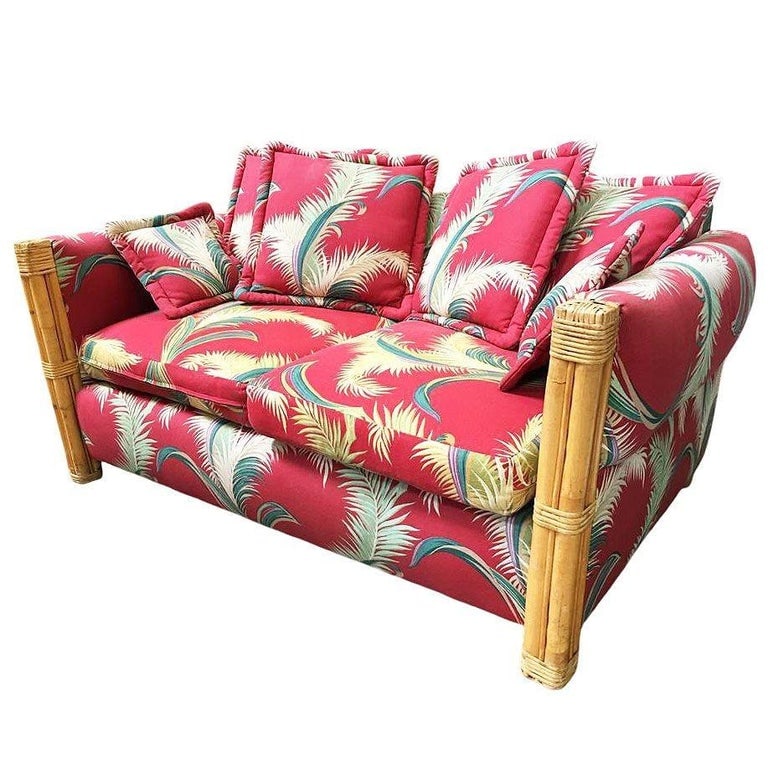 Restored "Big King" Plush Over Stuffed Rattan Settee Sofa W/ 4 Strand Arms, Pair - 4