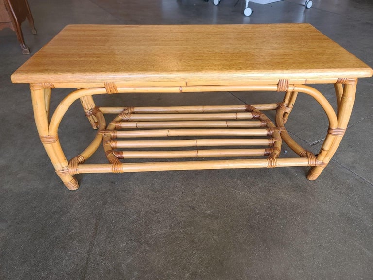 Restored Two-Tier Rattan Coffee Table with Mahogany Top & Pole Bottom - 2