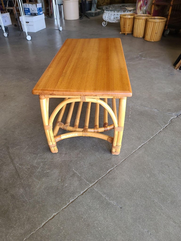 Restored Two-Tier Rattan Coffee Table with Mahogany Top & Pole Bottom - 3