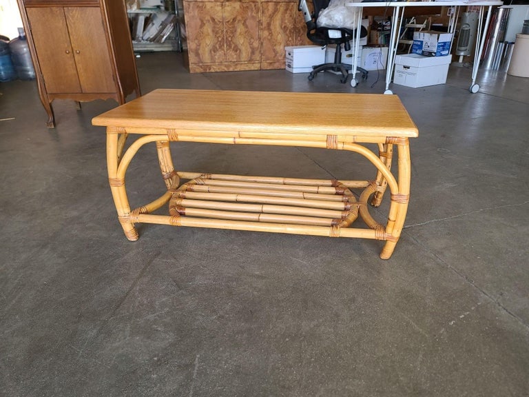 Restored Two-Tier Rattan Coffee Table with Mahogany Top & Pole Bottom - 4