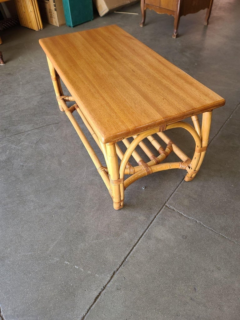Restored Two-Tier Rattan Coffee Table with Mahogany Top & Pole Bottom - 5