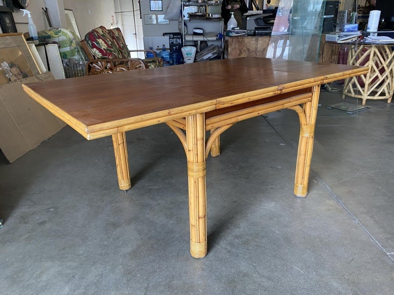 Mid Century Rattan and Mahogany Expandable Dining Table w/ Leaves - 13