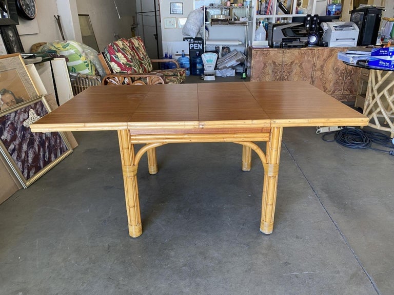 Mid Century Rattan and Mahogany Expandable Dining Table w/ Leaves - 3