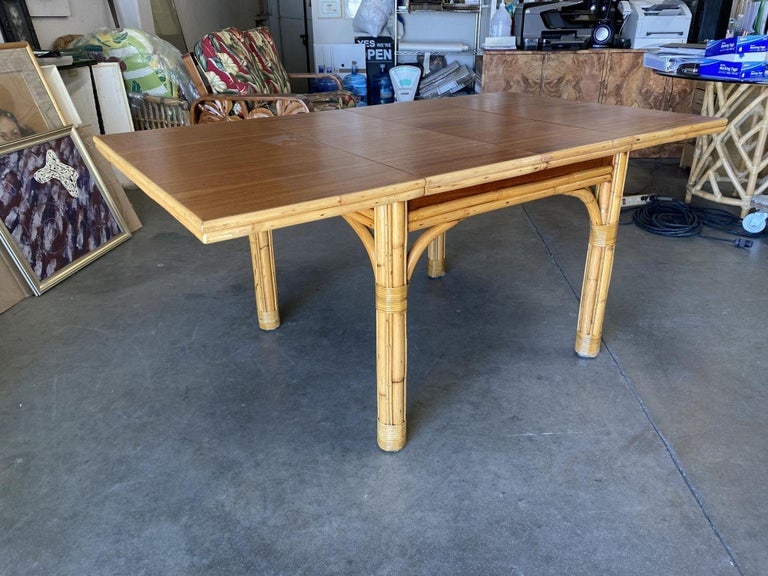 Mid Century Rattan and Mahogany Expandable Dining Table w/ Leaves - 4