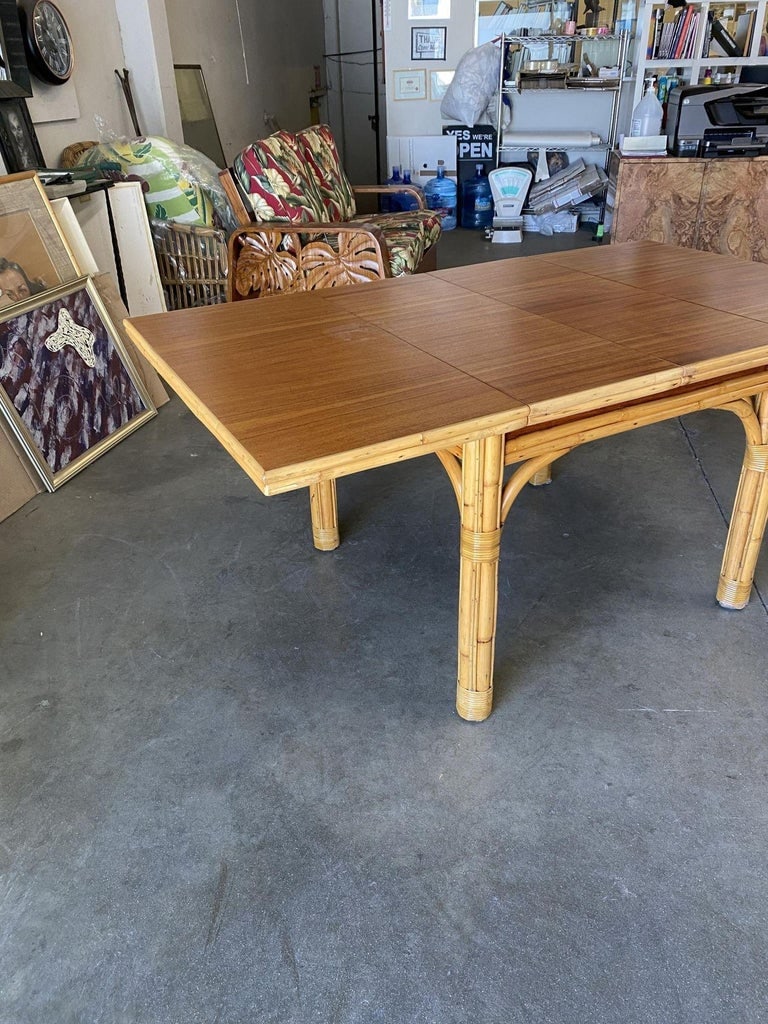 Mid Century Rattan and Mahogany Expandable Dining Table w/ Leaves - 5