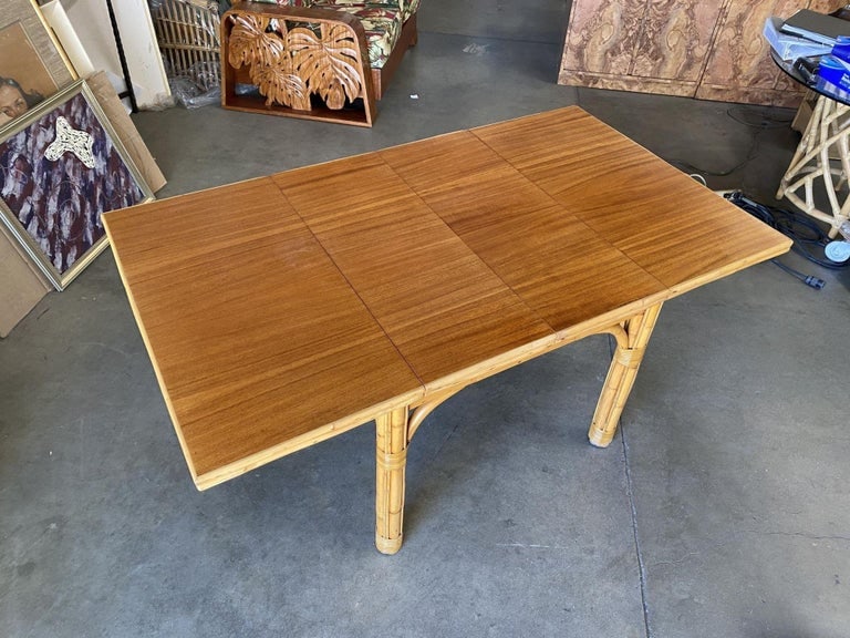 Mid Century Rattan and Mahogany Expandable Dining Table w/ Leaves - 6