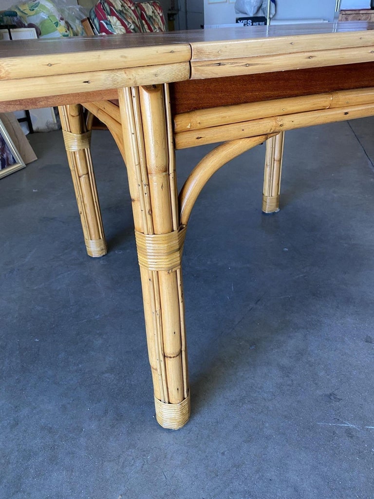 Mid Century Rattan and Mahogany Expandable Dining Table w/ Leaves - 7