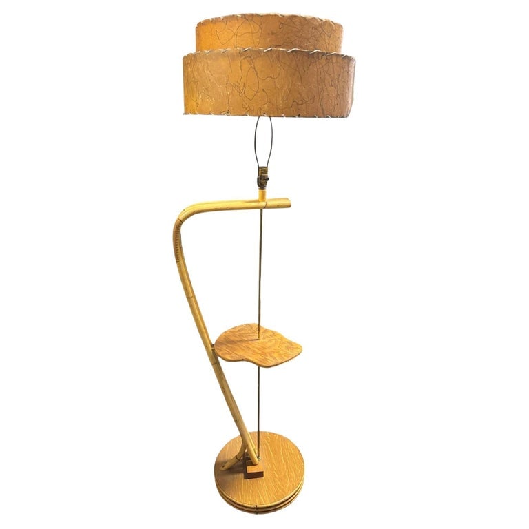 Restored Googie Asymmetric Pole Floor Lamp w/ Side Table & Fiberglass Shade (1 of 8)