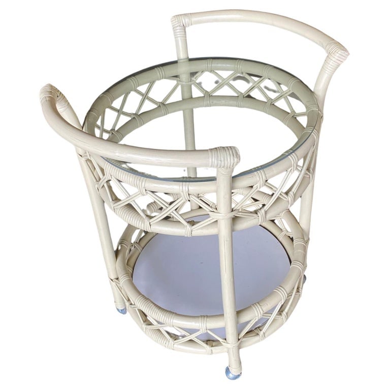 Restored Modern White Round Rattan and Mahogany Bar Cart (1 of 8)