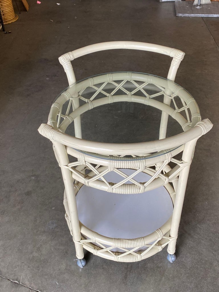 Restored Modern White Round Rattan and Mahogany Bar Cart - 3
