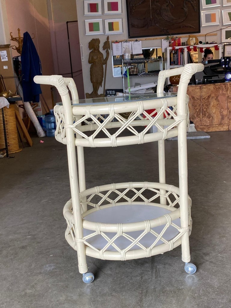 Restored Modern White Round Rattan and Mahogany Bar Cart - 4