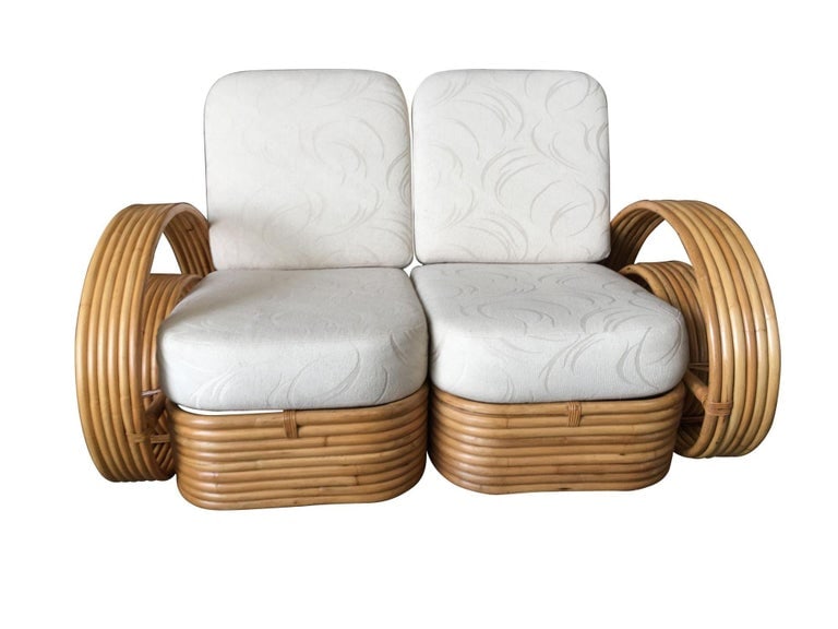 Restored "Double Tear Drop Arm" Rattan Sofa Sectional Settee W/ Stacked Base - 2