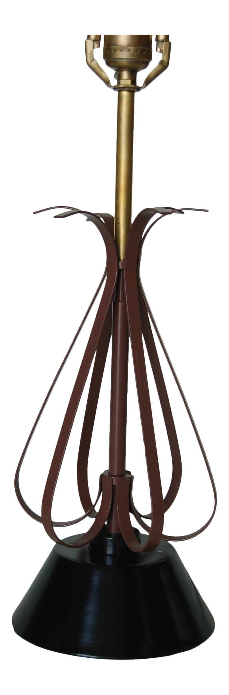 Midcentury Scalloped Steel and Brass Table Lamp: Midcentury scalloped metal table lamp in brown and black table lamp. Measures: 18" tall x 6" wide x 6" deep. Reserve: $315.00 Shipping: Domestic: Shipping rates are determined by destination Internati