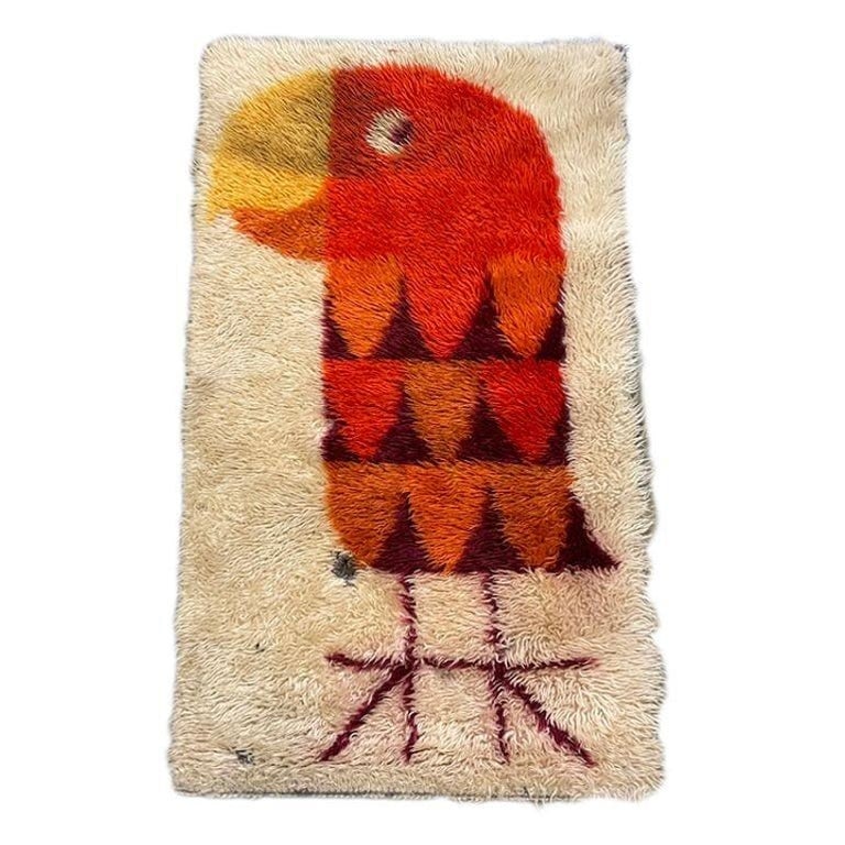 Mid-century 3' Foot Hand-Hooked Bird Tapestry Rug Wall Hanging - 2