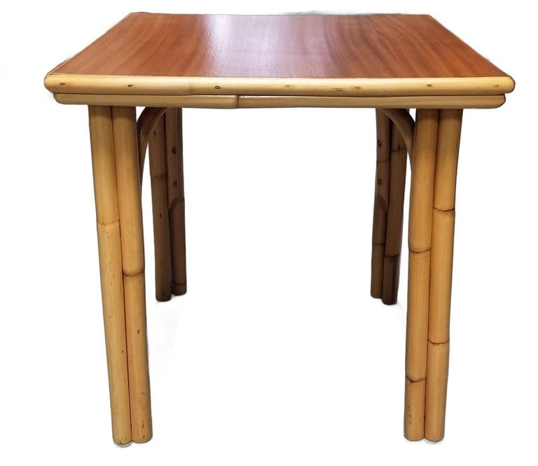 Restored Rattan Three-Strand Arched Legs Side and Drink Table with a Solid Mahog - 3