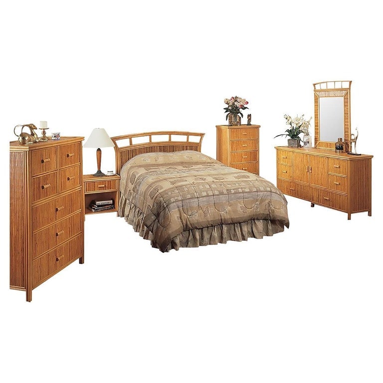 Restored Reed Rattan "Baja" Bedroom Set With Rattan Pulls - 6 Pieces: Rattan bedroom set featuring petite stick rattan faces featuring the "Baja" design with bed, dressers, mirror, and headboard. All furniture is made with a solid wood frame"‹ with 4 ways
