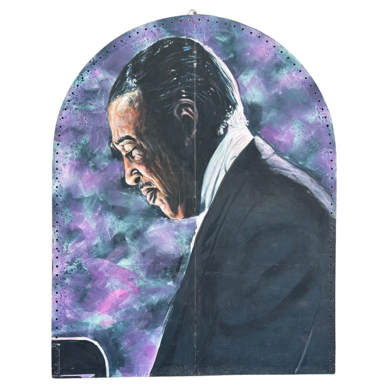 10' Foot Tall Oil on Canvas Portrait of Count Basie Light Up Folding Screen: Large 10-foot tall artwork portrait of Count Basie oil painted on a canvas fixed to a wood folding screen featuring Basie's side profile on a multicolored modernist background. The Back of the frame i